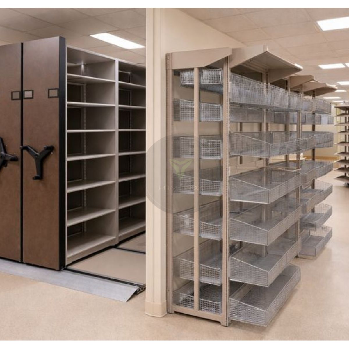 pharmacy storage shelving with wire baskets