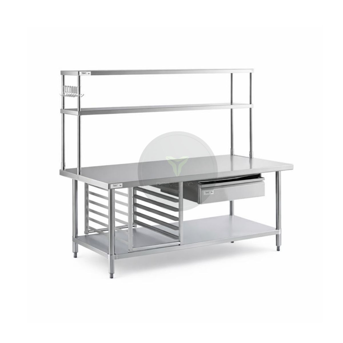 stainless steel work table with overshelf & drawers