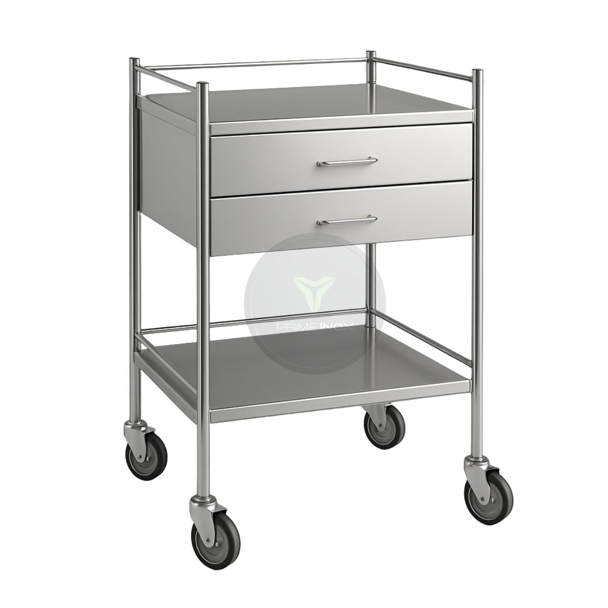 stainless steel medical trolley with two drawers and lower shelf