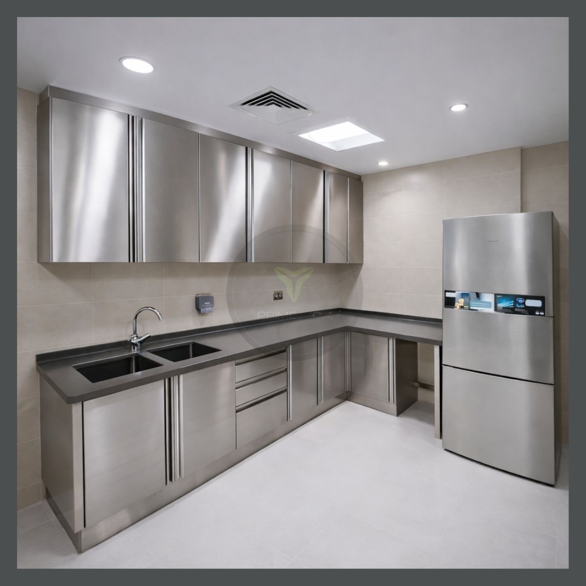 Hospital kitchen interior with stainless steel modular cabinets, hygienic countertops, integrated sink, storage units, and food-grade finishes designed for healthcare environments.