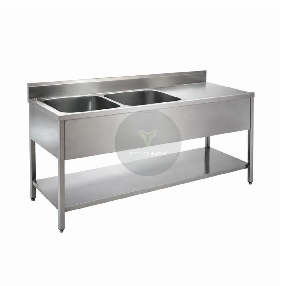 stainless steel double bowl sink table with lower shelf for commercial kitchens