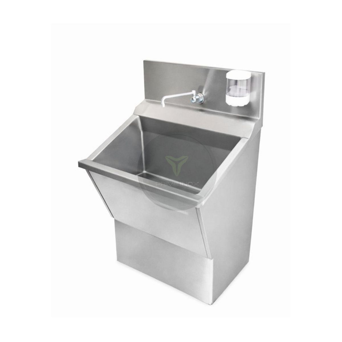 stainless steel single station scrub sink with backsplash and cabinet