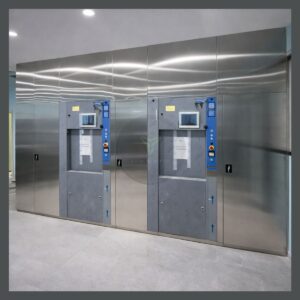 Stainless steel wall cladding installed in a hospital interior, providing hygienic, durable, and seamless surface finishing for medical environments.