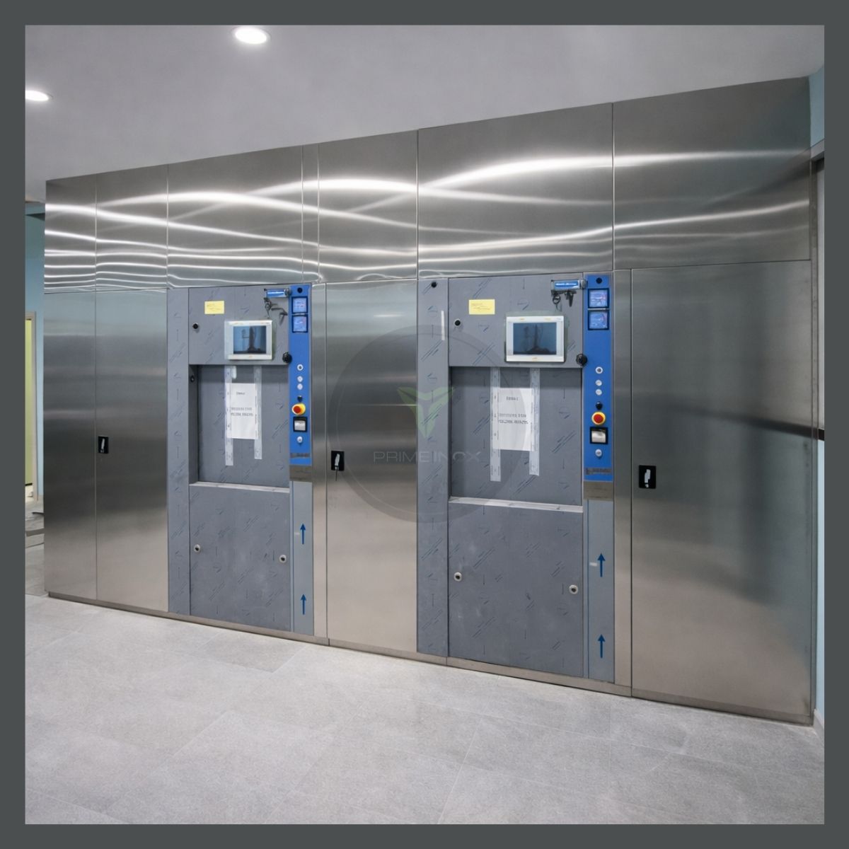 Stainless steel wall cladding installed in a hospital interior, providing hygienic, durable, and seamless surface finishing for medical environments.